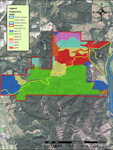 A map of the Fort Clatsop Unit with color-coded sections showing forest age. A large green section in the southern part is in the 25–30 age range, while small blue sections in the southern part of the unit are in the 1–25 age range.