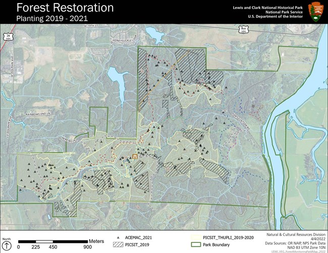 A map of the Fort Clatsop Unit showing 2019–2021 planting of bigleaf maple, Sitka spruce, and western redcedar widespread across the unit.