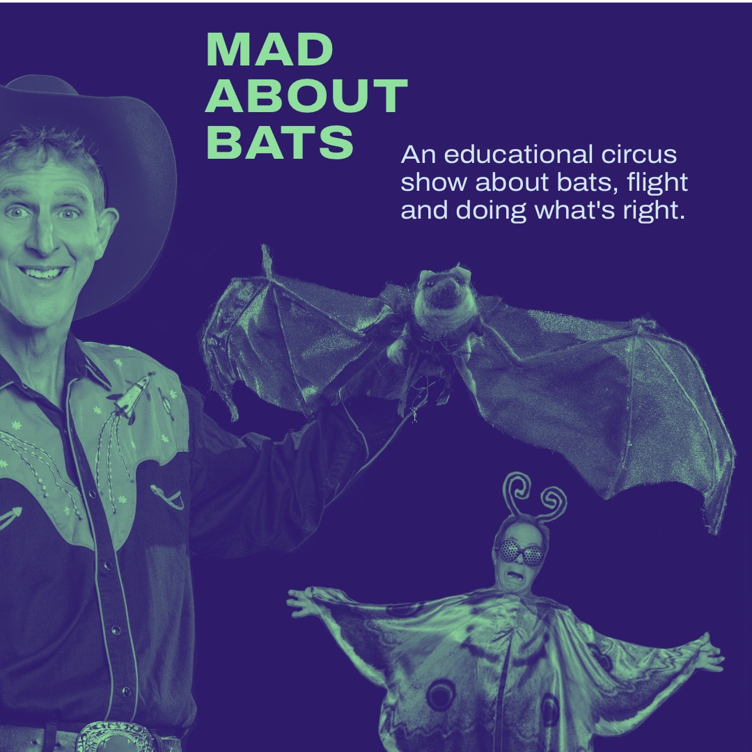 A man wearing a western styled cowboy hat and outfit with spaceship and stars holds up a plush bat, below a man in costume with large moth wings, atennae, and eyes poses with a wide open mouth.