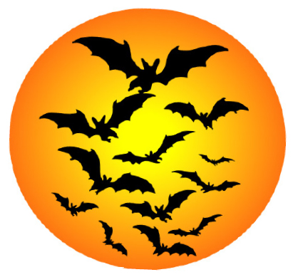 An orange moon with multiple bats flying in front of it