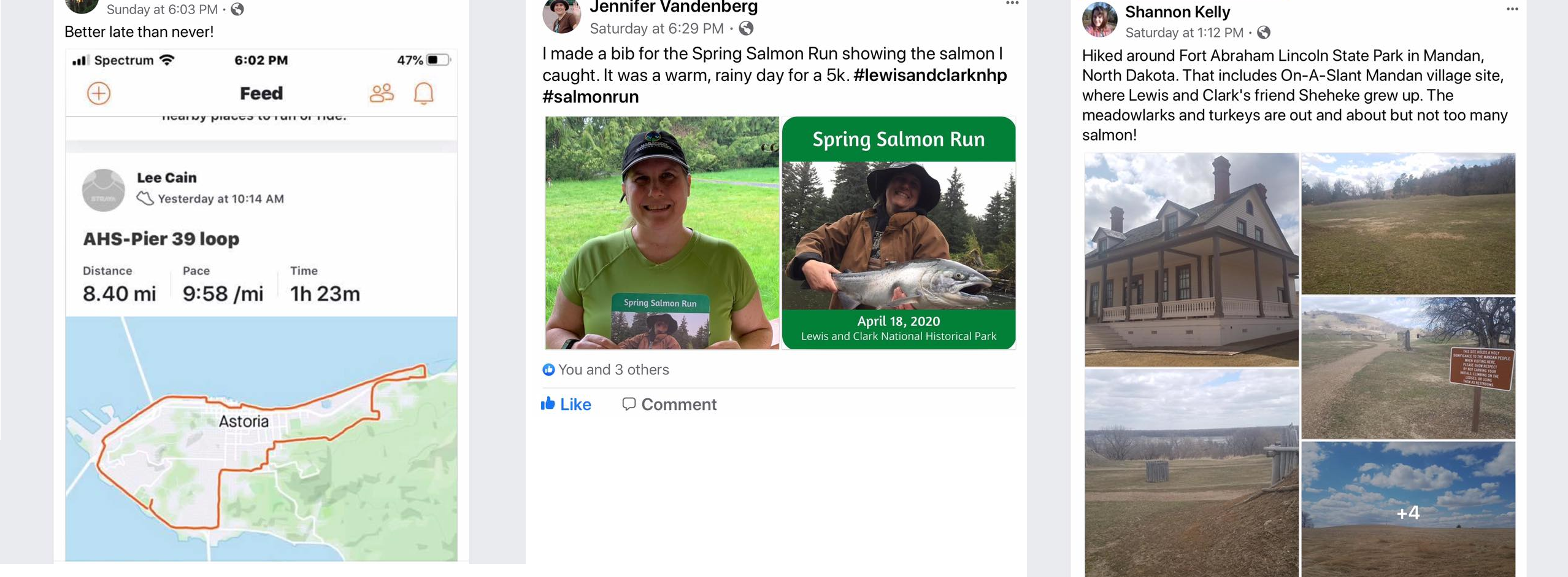 Three social media posts of physical activity completed on April 18th for Virtual Salmon Run