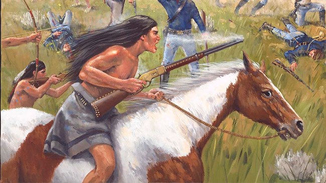 Painting showing an American Indian holding a spear and riding a white and brown horse.