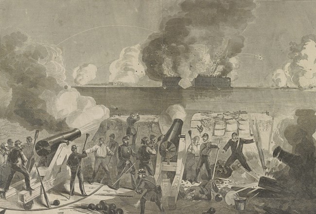 Engraving of soldiers on shore firing cannons at an island Fort. Smoke and explosions can be seen at fort.