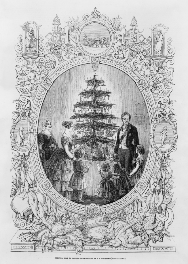 Engraving of Victorian family standing around a tabletop Christmas tree adorned with dangling adornments and a small angel topper