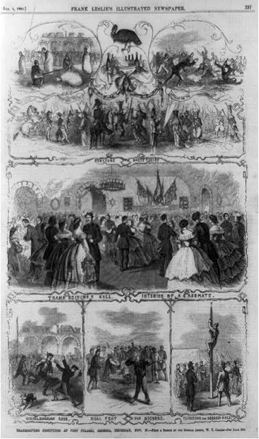 A newspaper illustation showing thanksgiving scenes including people dancing, feasts, and competitions