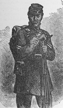 Engraving of African American soldier in Union uniform with backpack and rifle
