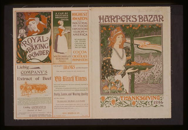 A newspaper with one half featuring ads for ingredients like royal baking powder and cocoa,  and the other half featuring an illustrated woman holding produce in a garden with text reading "Harper's Bazar Thanksgiving 1894"