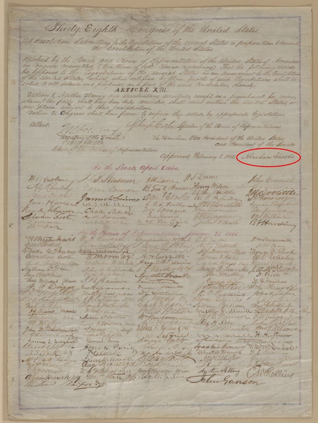 Handwritten document labeled "38th Congress of the United States... a proposition to amend the Constitution of the United States..." with text at the top and signatures from the center and below. Lincoln's signature is circled in red.