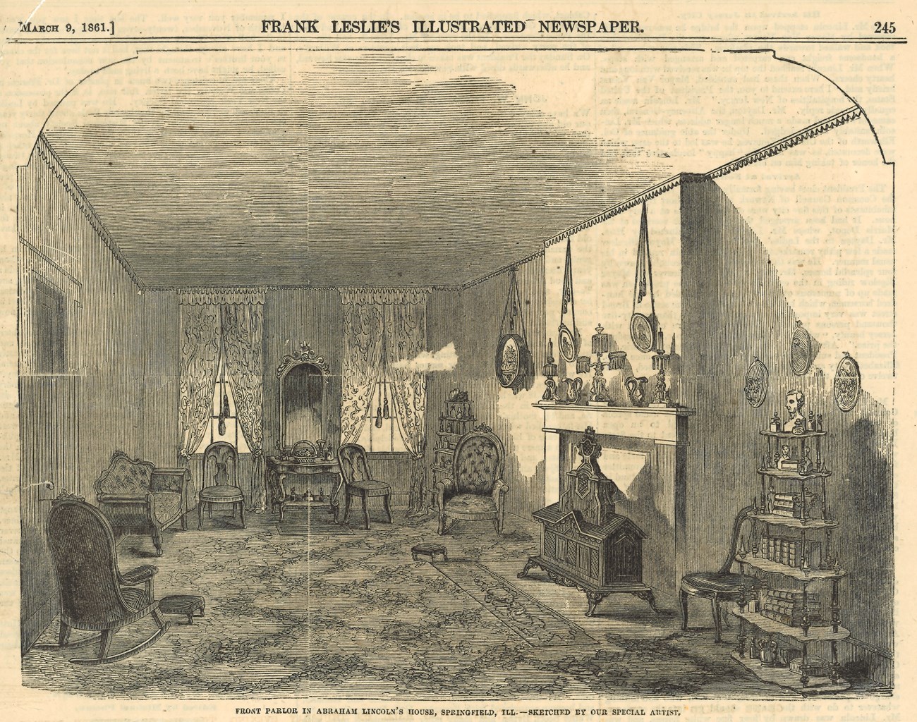 engraving of Lincoln front parlor showing cushioned furniture scattered around room, wall-to-wall carpet with crisscross pattern, fireplace with stove on right wall, and windows with floor to ceiling curtains on far wall