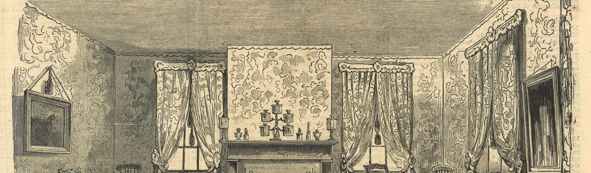 Sepia engraving of Lincoln Home sitting room, cropped as to focus on wallpaper above fireplace and on upper half of walls. Design is indistinct but flowery