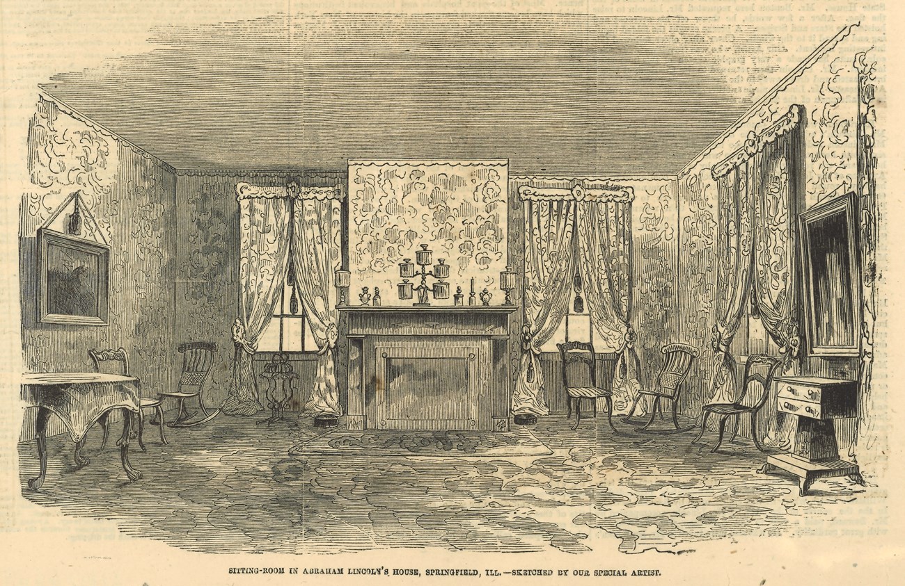 Engraving of Lincoln Home sitting room. Room has flowery carpet and wallpaper, closed up fireplace on opposite wall, windows on opposite and right wall with curtains that drape to the floor, chairs scattered around room, table against left wall