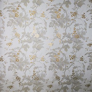 White wallpaper with repeating pattern of light gray branches and clusters of leaves and golden buds