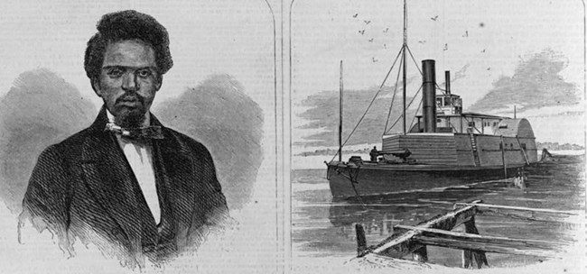 African American man with thick hair, beard, and mustache next to image of a medium-sized wooden boat with a cannon on deck