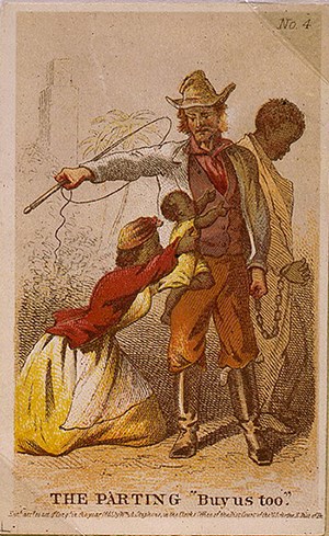 Drawing of a presumably enslaved woman kneeling and holding her child up to a slave owner, as if begging. Slave owner holds chains to a enslaved man who he is leading away.