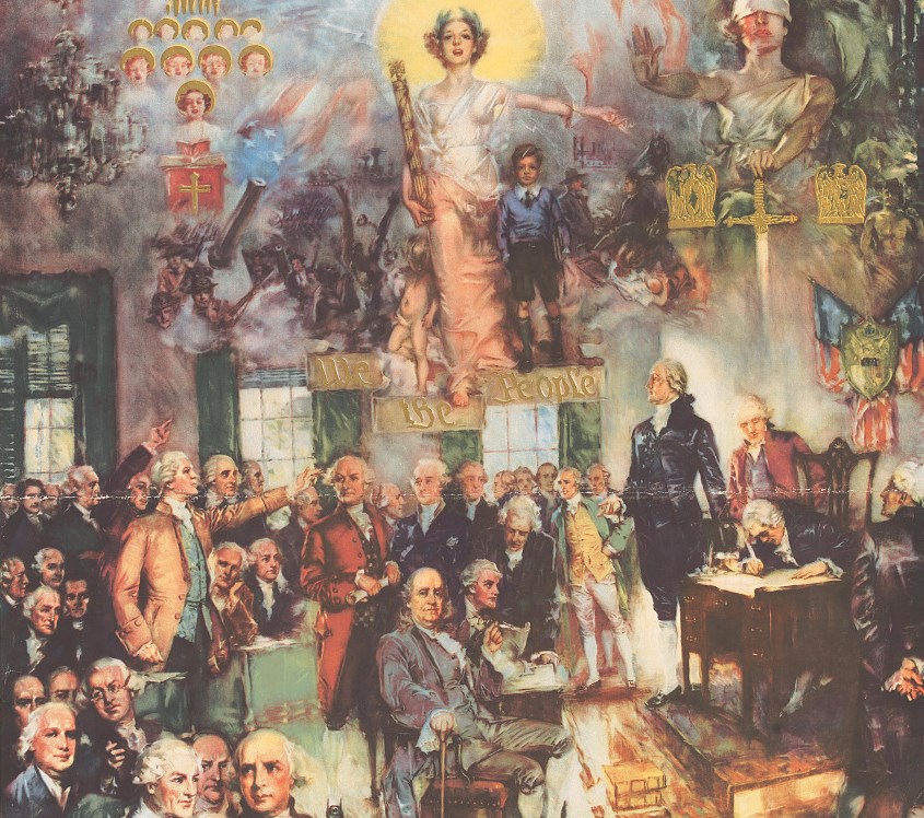 Painting of founding fathers signing and discussing the Constitution. Ladies representing justice and freedom hover above the room, with images of the revolutionary war behind them.
