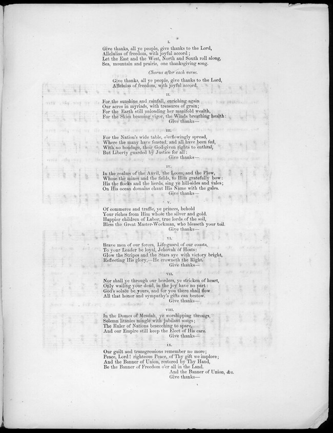 a hymn featuring nine verses. Page with black text encouraging people to give thanks.