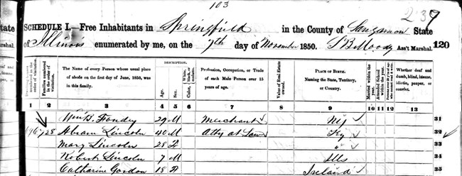 Census sheet for Springfield on 11/7/1850. Entries of Lincoln household highlighted with Abraham, Mary, Robert and a Catherine Gordon (age 18, Ireland as place of origin) listed