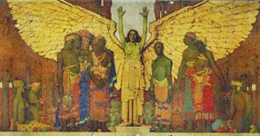 mural with angel in center with hands in the air