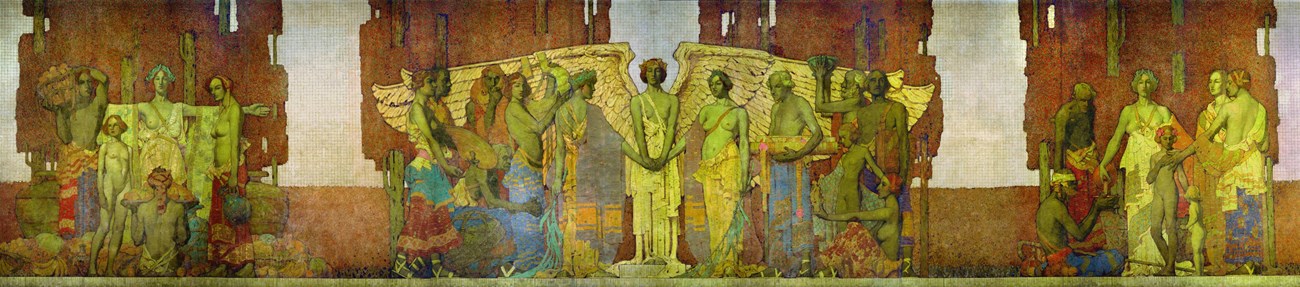 Unity by Jules Guerin depicts a central figure joining the hands of two individuals. Clusters of other allegorical figures appear on either side.