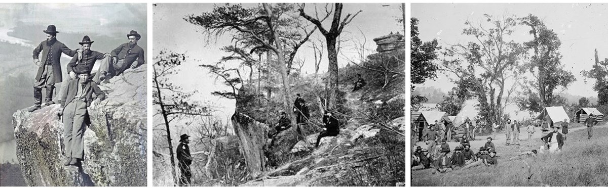 Three black-and-white photos of Union soldiers on Lookout Mountain