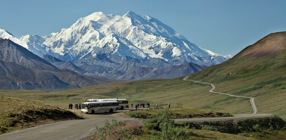 Tour buses parked at overlook of Denali Mountain