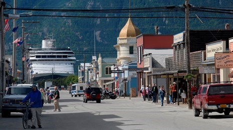 a photo of downtown skagway on a sunny day