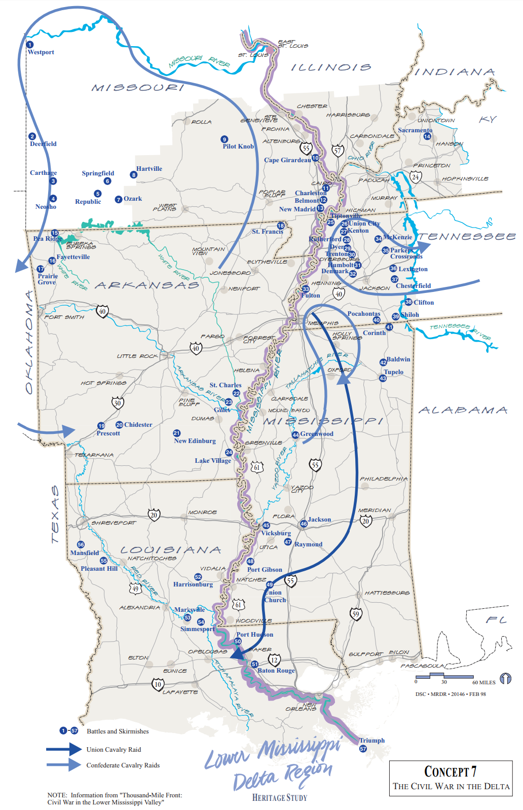 Map of Civil War sites in the Lower Mississippi Delta Region