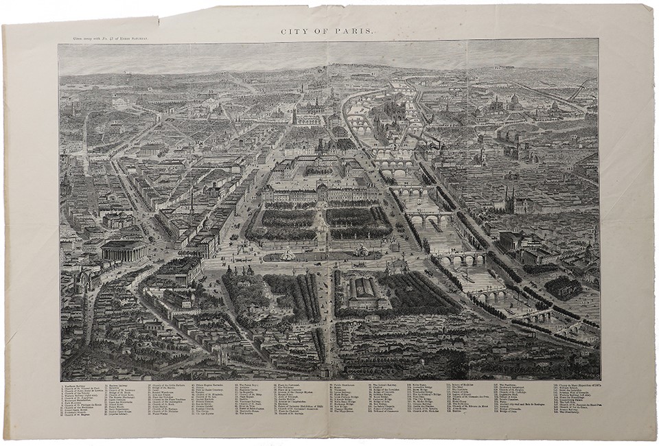 An 1866 print of a cityscape view of Paris.