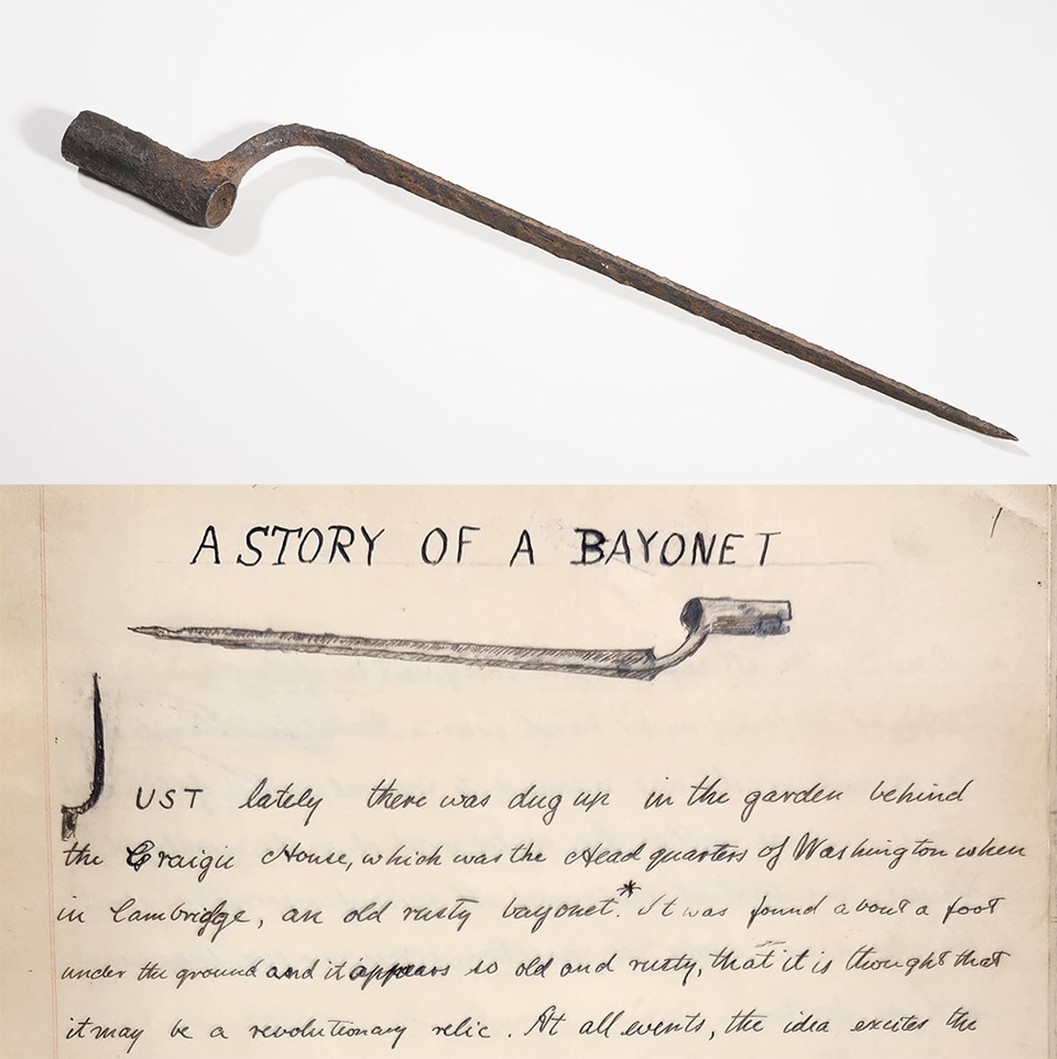 A rusted bayonet, shown with a short story written about it in 1896.