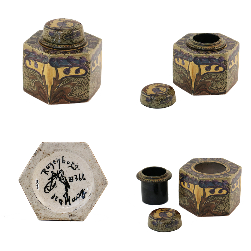 Multiple views of an earthenware inkwell painted in Art Nouveau style.