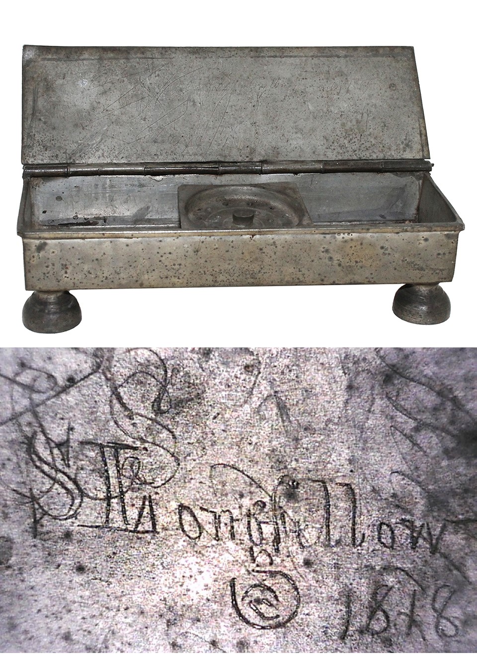 A pewter inkstand that belonged to Henry Wadsworth Longfellow's brother Stephen, inscribed with Stephen's name and the date 