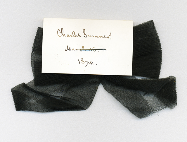 A mourning ribbon worn by Henry W. Longfellow at Senator Charles Sumner's funeral. A mourning ribbon worn by Henry W. Longfellow at Senator Charles Sumner's funeral.