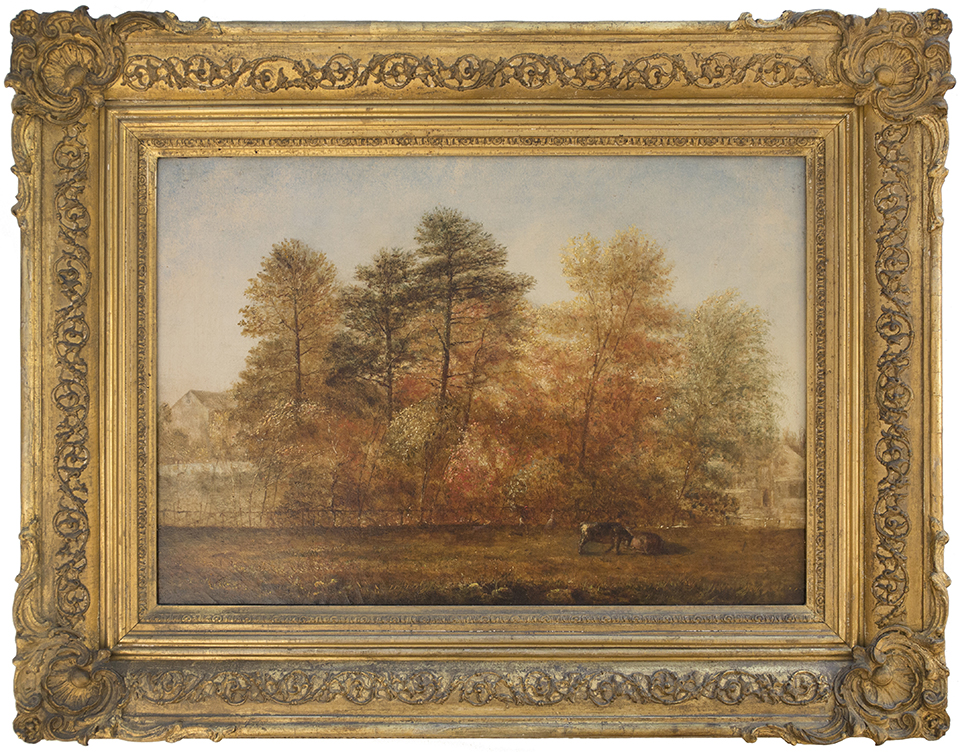 A paintiing by Thomas Gold Appleton of an autumn landscape featuring trees and cows in a field.