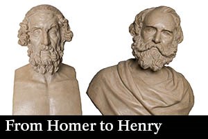 Two busts of men with beards, Homer and Henry Longfellow