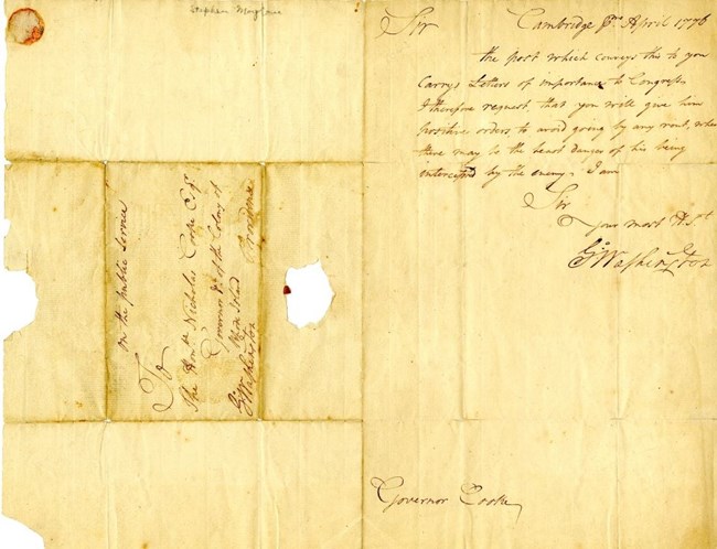 Manuscript letter with one page of writing signed by George Washington and one page of address