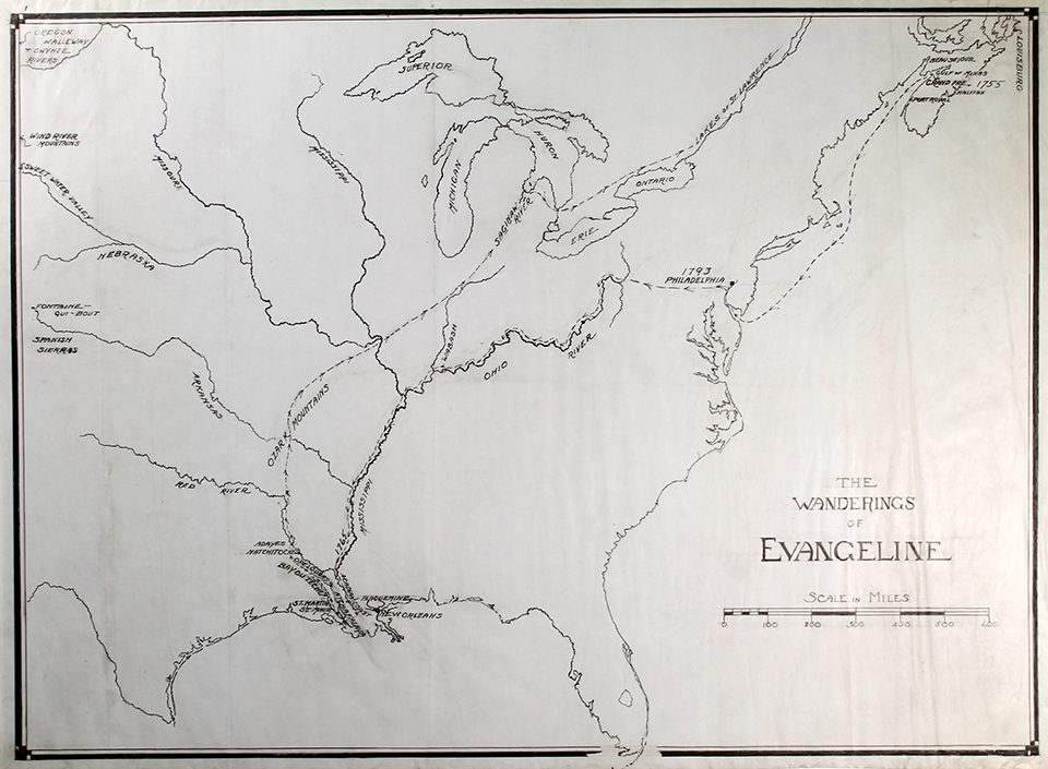 Map of the eastern United States and Canada, hand drawn in black ink on light blue coated linen tracing paper. Route of “wanderings of Evangeline” marked with dotted line, with major cities and landmarks marked.