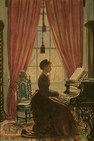 Watercolor of a young woman in long brown dress playing a piano in front of a window.