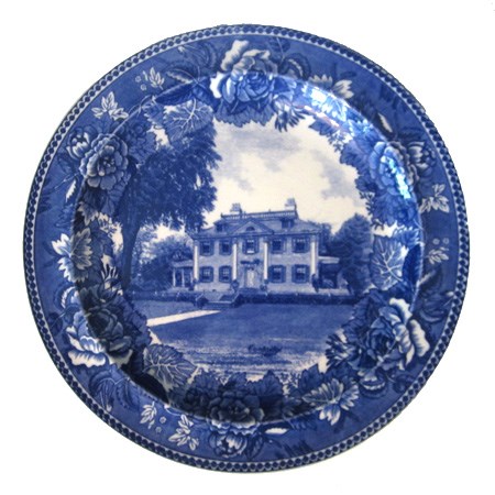Blue and white plate showing Georgian mansion in center