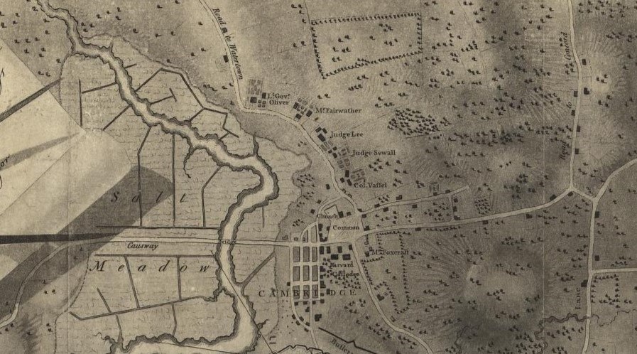 Historic map of Cambridge showing town, Harvard, and five large houses