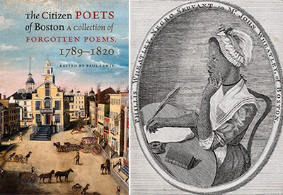 Left: The Citizen Poets of Boston book cover; Right: Illustration of Phillis Wheatley, a young Black woman in 18th century clothing writing with a quill