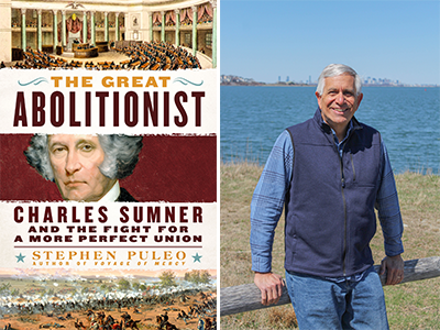 The Great Abolitionist book cover next too 3/4 photograph of Stephen Puleo with harbor in background