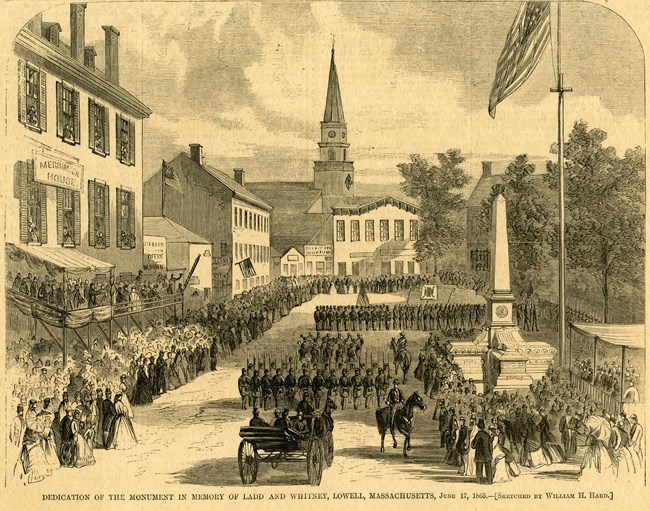 A drawn depiction of several soldiers in formation while spectators watch on as a monument is dedicated