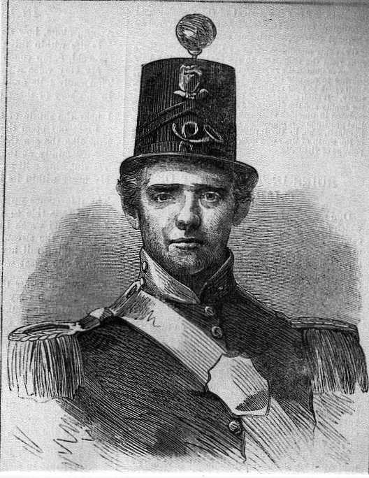 A black and white drawn portrait of a young man wearing an intricate hat and uniform