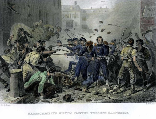 A drawing depicting a riot between uniformed Union soldiers and citizens of Baltimore