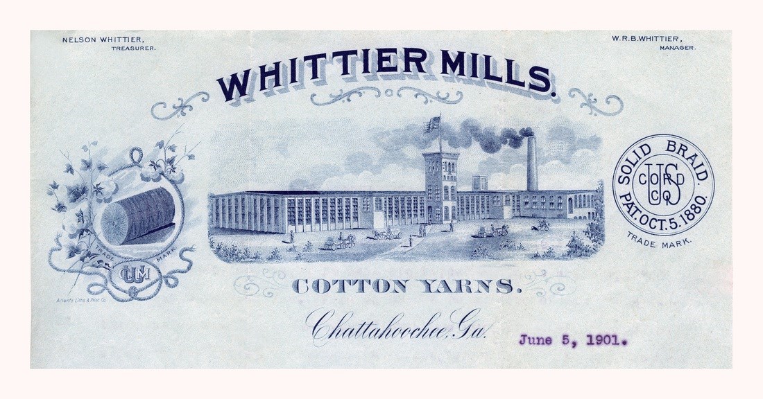 A blue and white drawing of a large mill building titled Whittier Mills advertising Cotton Yarns located in Chattahoochee, Ga
