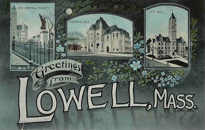 A historic postcard that says "Greetings From Lowell MA" with illustrations of downtown buildings