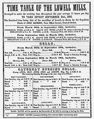 A 1853 time table for the mills in Lowell