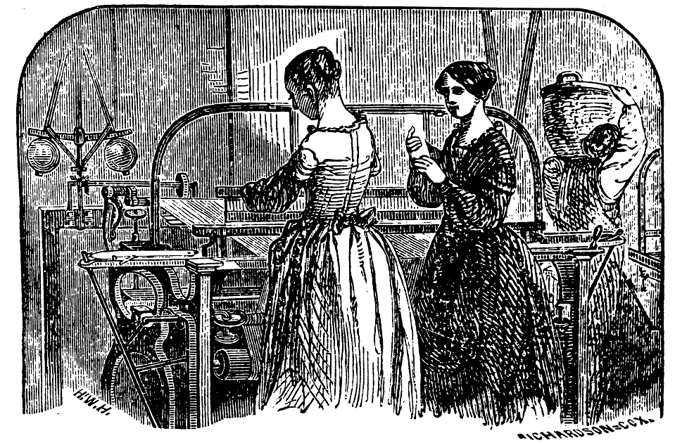 An Illustration of Two Mill Girls Working In A Factory