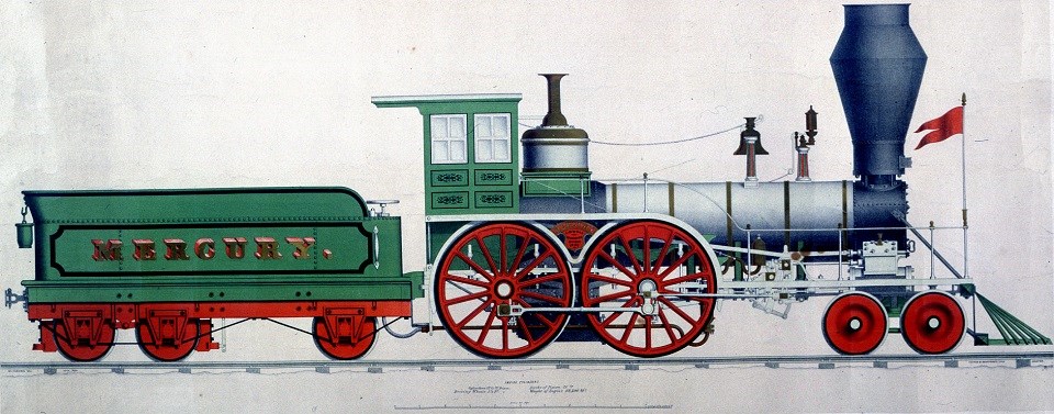 An illustration of a 1830s locomotive engine built in Lowell