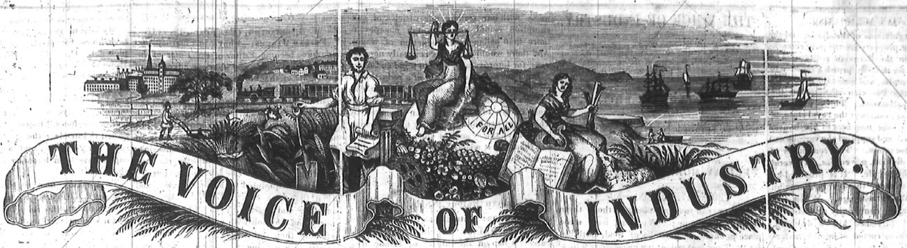 Voice of Industry newspaper header with one woman in the center holding scales and a man and woman worker on either side